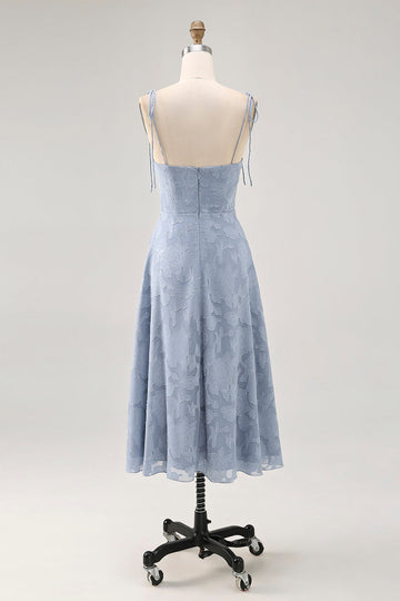 Dusty Blue A Line Midi Spaghetti Straps Wedding Guest Dress with Slit